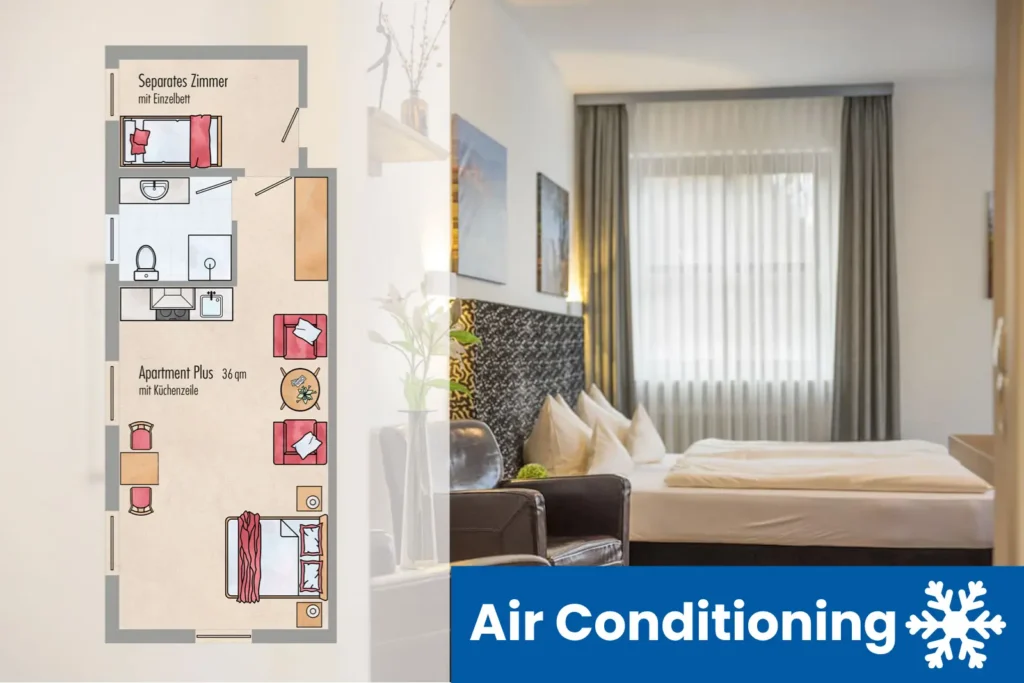 Grundriss und Zimmer Apartment PLUS mit Klimaanlage Hinweis