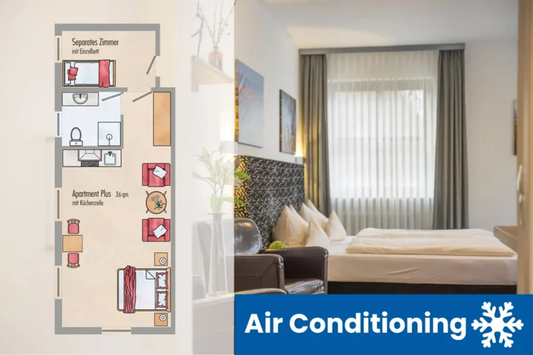 Grundriss und Zimmer Apartment PLUS mit Klimaanlage Hinweis