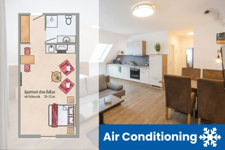 Grundriss und Zimmer Apartment PLUS mit Klimaanlage Hinweis