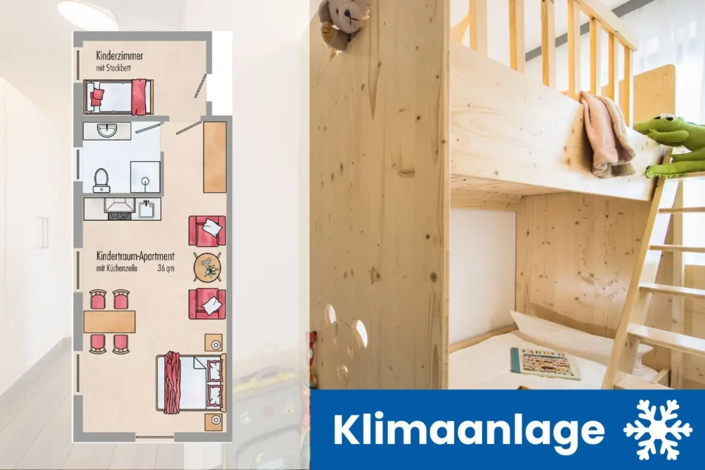 Grundriss und Zimmer Apartment Kindertraum mit Klimaanlage Hinweis