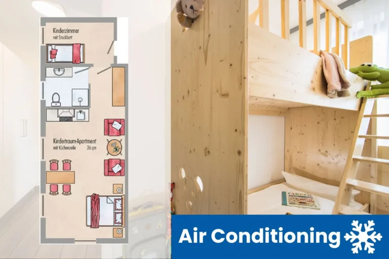Grundriss und Zimmer Apartment Kindertraum mit Klimaanlage Hinweis