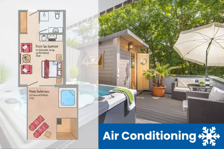 Spa Apartment Grundriss und Blick auf den Balkon mit Sauna und Whirlpool und Hinweis auf Klimaanlage