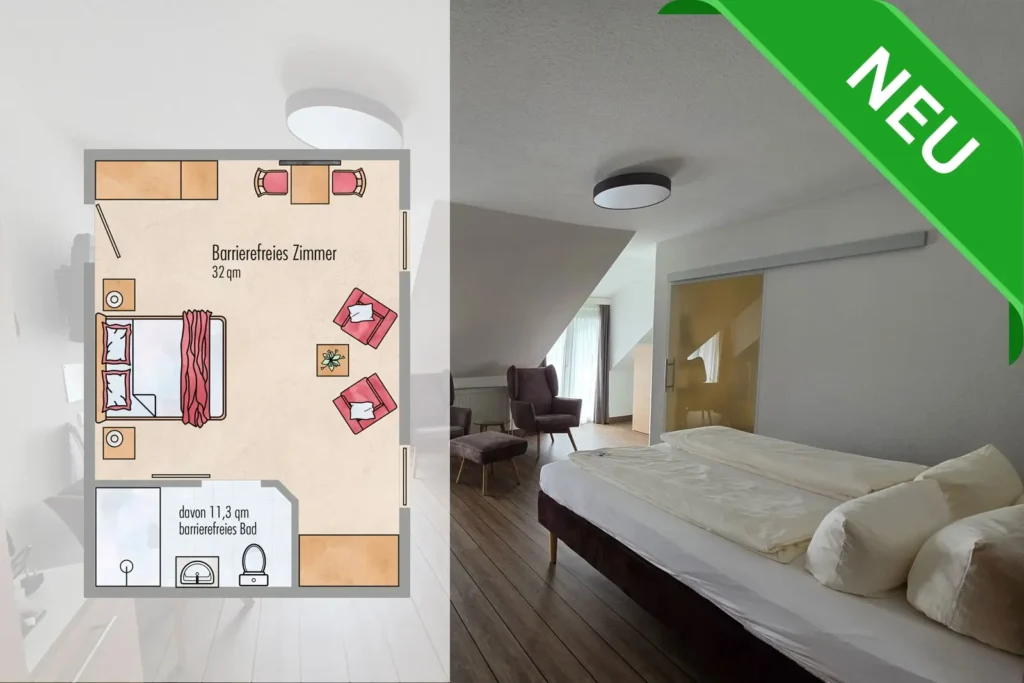 En Hotelzimmer mit Doppelbett, zwei Sesseln und einer Glasschiebetür zum Badezimmer.