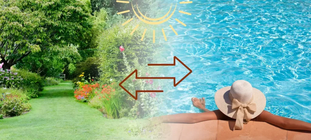 Gepflegter grüner Park auf der linken Seite - Eine Frau mit Sonnenhut am Poolrand auf der rechten Seite
